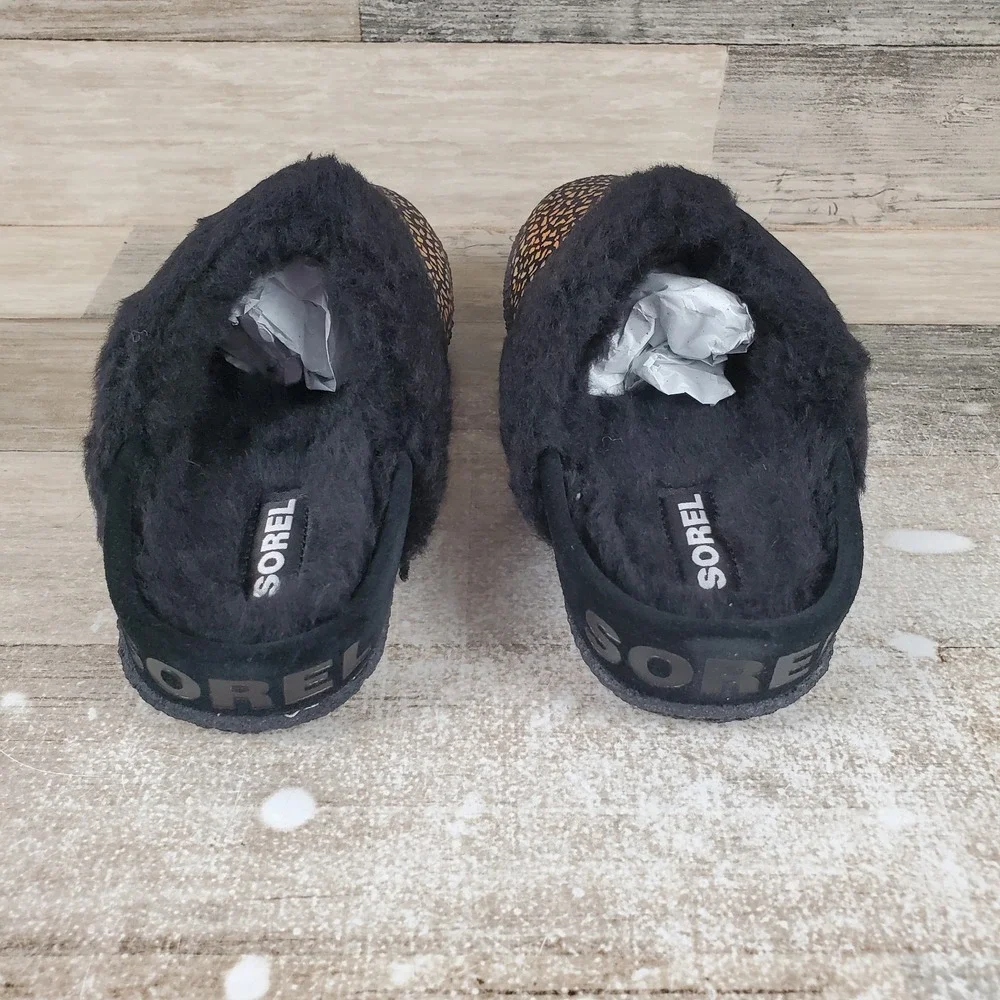 Sorel Nakiska Slide II Kids Shoes Sz 4 Black‎ Sea Salt Faux Fur Lined Slippers